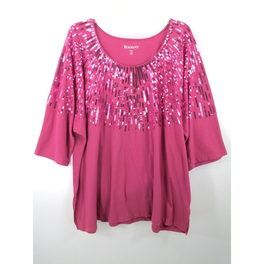 Roaman's Pink Sequin Sunburst Pullover Blouse Women 2X 26/28 Short Sleeve Sparkl